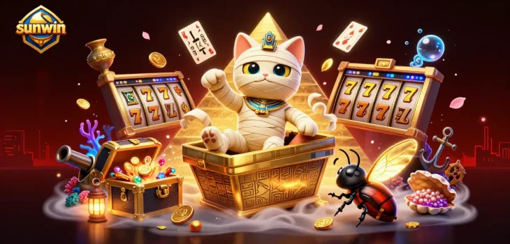 Experience thrilling gameplay at sunwin with an Egyptian mummy cat and casino elements.