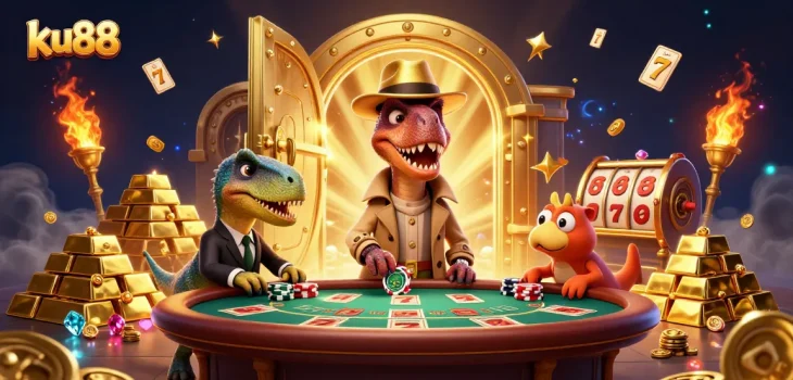 Experience excitement at ku88 with a velociraptor card counter at a blackjack table amidst treasures.