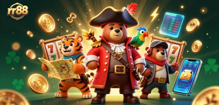 Get ready to win big with rr88’s online gaming, featuring a pirate captain bear, tiger, and treasure map.