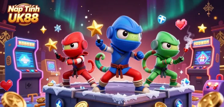 Nạp Tiền UK88 with ninja chameleons performing martial arts amidst gaming machines and casino elements