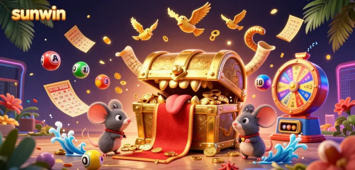 Experience sunwin's vibrant lottery excitement with golden treasures and prize elements.
