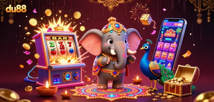 Engage with du88 by exploring vibrant 3D casino-themed art featuring an elephant and rich slot visuals.