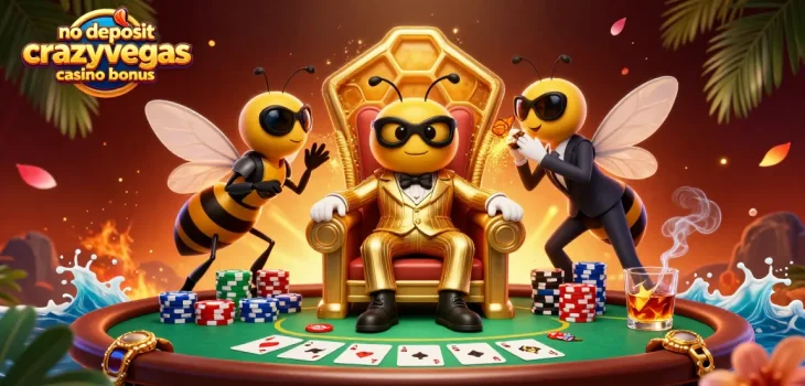 No deposit crazyvegas casino bonus offers a vibrant casino scene featuring a bumblebee mob boss and poker elements.